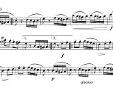 Allegretto, 120 BPM. Dzieło muzyczne dla skrzypiec, pełne szybkich, radosnych nut, z dynamicznymi zmianami od forte do piano.