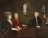 Portret rodziny Mozarta przy fortepianie. Choć obraz nie odpowiada na pytanie, na co zmarł Mozart, ukazuje jego talent muzyczny.