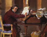 Beethoven, który kompozytor był głuchy, siedzi przy fortepianie, otoczony nutami i książkami.