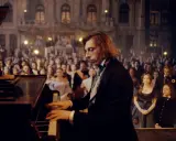 Młody Fryderyk Chopin gra na fortepianie przed zgromadzoną publicznością.