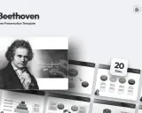 Szablon prezentacji "Beethoven" z portretem kompozytora i elementami graficznymi nawiązującymi do muzyki.