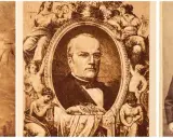 Portret Stanisława Moniuszki i jego dzieci. Trzy fotografie: dwoje dzieci, portret kompozytora w medalionie, troje dzieci z kobietą.