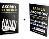 E-book "Akordy od podstaw" i "Tabela akordów" pokazują różne rodzaje akordów na klawiaturze fortepianu.