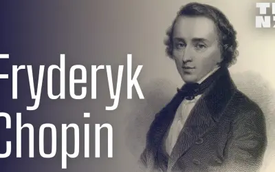 Portret Fryderyka Chopina, geniusza muzyki, z białym napisem "Fryderyk Chopin" na tle.