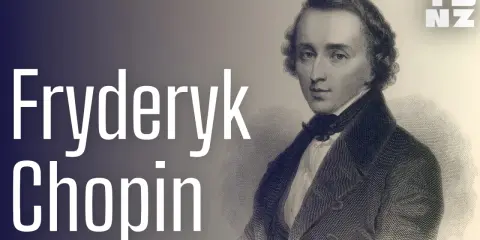 Portret Fryderyka Chopina, geniusza muzyki, z białym napisem "Fryderyk Chopin" na tle.