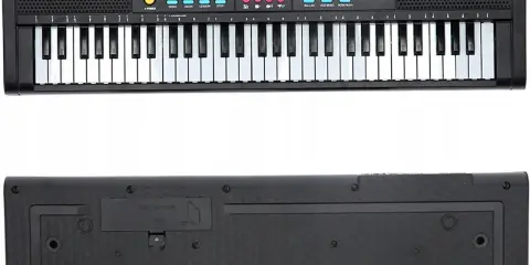 Elektroniczne pianino z 61 klawiszami, przyciskami do wyboru rytmów i dźwięków. Opis klawiszy na keyboardzie 61 klawiszy.