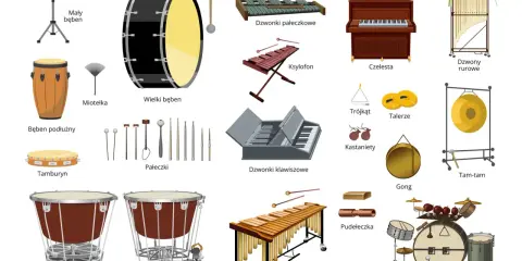 Ilustracja przedstawia różnorodne instrumenty perkusyjne, od bębnów po dzwonki i kastaniety, tworząc bogactwo dźwięków.