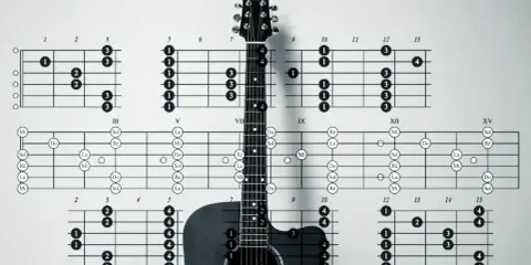 Nuty na gitarze i schematy akordów tworzą wizualny przewodnik dla gitarzysty.