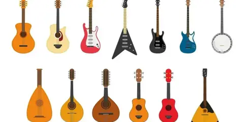 Różnorodne instrumenty strunowe: gitary akustyczne, elektryczne, basowe, banjo, lutnia, mandolina, balalajka.