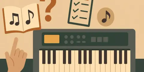 Ręka wskazuje na nuty w książce, obok keyboardu. Zastanawiasz się, jak podpisać klawisze na keyboardzie?