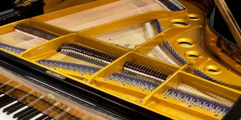 Wnętrze fortepianu z widocznymi strunami, młoteczkami i złotą ramą. Ten klawesyn instrument to dzieło sztuki.
