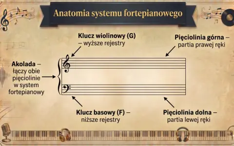 Klucz wiolinowy i basowy na pięcioliniach, połączone akoladą, ilustrują system fortepianowy.
