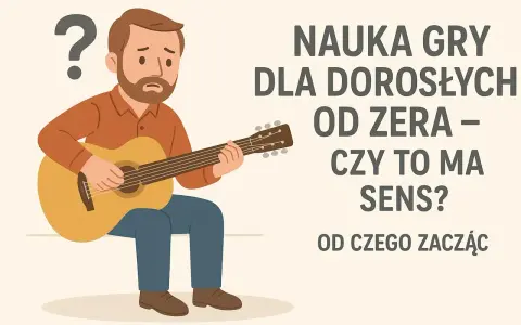 Zamyślony mężczyzna próbuje grać na instrumencie strunowym. Czy nauka gry na gitarze od zera ma sens?
