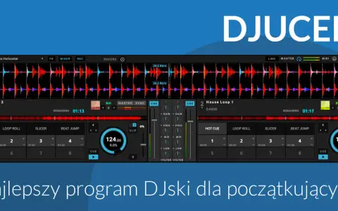 DJUCED - najlepsza aplikacja DJ dla początkujących. Widok dwóch decków z falami dźwiękowymi, mikserem i kontrolkami.