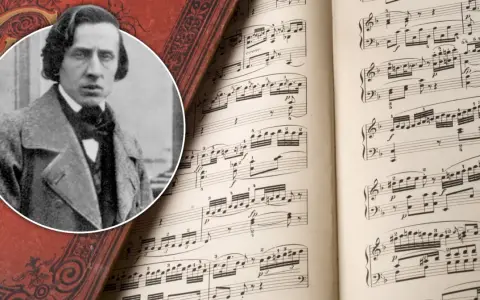 Portret Fryderyka Chopina obok nut. Kim był Fryderyk Chopin? Wielki kompozytor i pianista, którego muzyka wciąż porusza serca.