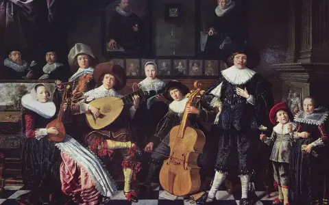 Rodzina w barokowych strojach gra na instrumentach. Nazwa "barok" może oznaczać bogactwo i przepych, co widać w ich strojach i otoczeniu.