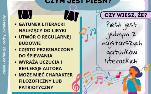 Cechy pieśni: gatunek liryczny, regularna budowa, często śpiewana, wyraża uczucia, może mieć charakter filozoficzny lub patriotyczny. Pieśń to jeden z najstarszych gatunków literackich.