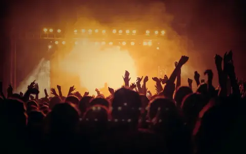 Tłum ludzi z rękami w górze, świętujący koncert. W tle scena z oświetleniem, tworząca atmosferę amerykańskiego stylu w muzyce.