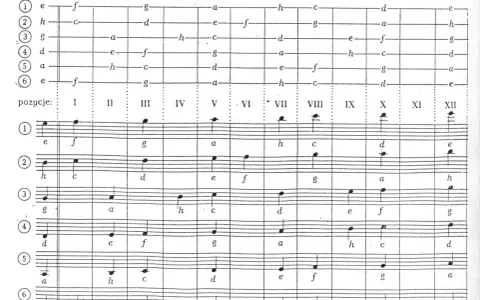 Diagram przedstawiający rozmieszczenie dźwięków na gryfie instrumentu, z nutacją muzyczną na pięciolinii.