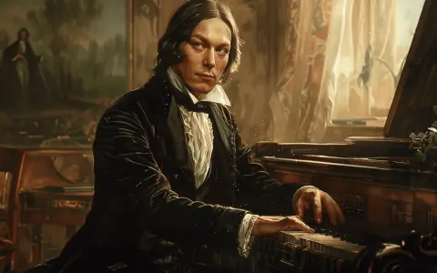 Młody mężczyzna gra na fortepianie, tworząc swoje słynne robert schumann utwory.