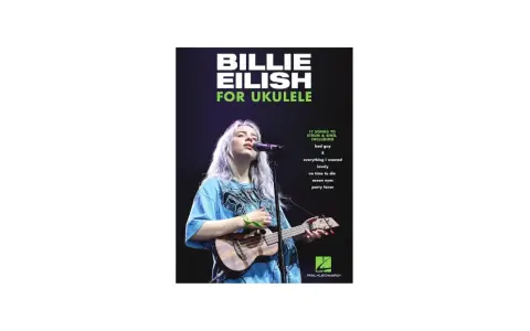 Billie Eilish z ukulele na okładce podręcznika "Billie Eilish for Ukulele".
