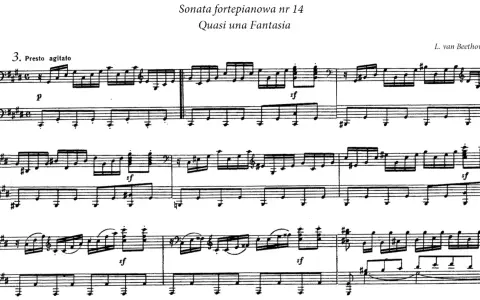 Fragment partytury fortepianowej Beethovena, "Quasi una Fantasia". Widoczna dynamika w muzyce, od piano (p) do forte (sf).