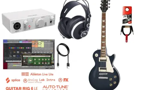 Zestaw do nagrywania gitary: gitara, interfejs audio, słuchawki, kable i oprogramowanie. Dowiedz się, jak ustawić wzmacniacz gitarowy w domowym studio.