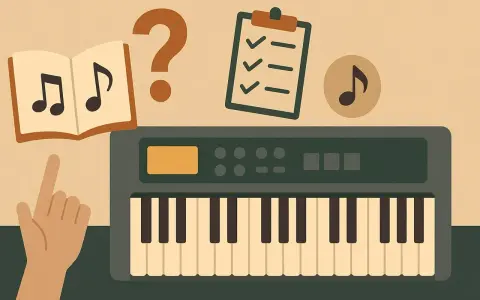 Ręka wskazuje na nuty w książce, obok keyboardu. Zastanawiasz się, jak podpisać klawisze na keyboardzie?