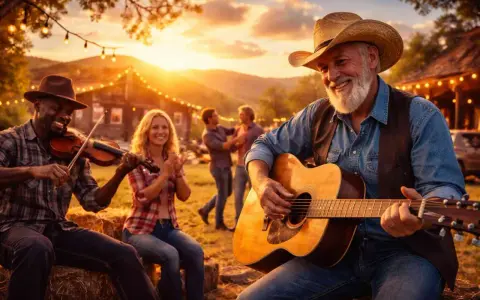 Wieczorna biesiada z muzyką country. Mężczyzna gra na gitarze, obok skrzypek, a w tle tańcząca para.