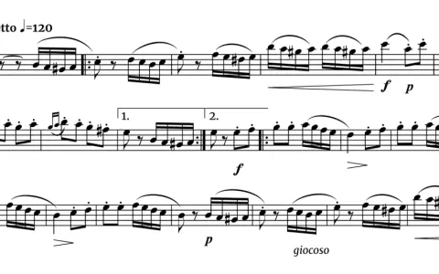 Allegretto, 120 BPM. Dzieło muzyczne dla skrzypiec, pełne szybkich, radosnych nut, z dynamicznymi zmianami od forte do piano.