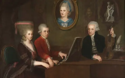 Portret rodziny Mozarta przy fortepianie. Choć obraz nie odpowiada na pytanie, na co zmarł Mozart, ukazuje jego talent muzyczny.