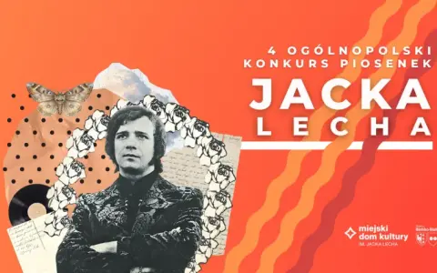 4. Ogólnopolski Konkurs Piosenek Jacka Lecha. Kolaż z portretem artysty, ćmą, różami i nutami.