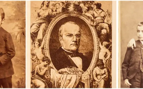 Portret Stanisława Moniuszki i jego dzieci. Trzy fotografie: dwoje dzieci, portret kompozytora w medalionie, troje dzieci z kobietą.