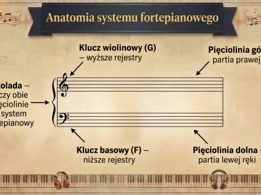 Klucz wiolinowy i basowy na pięcioliniach, połączone akoladą, ilustrują system fortepianowy.