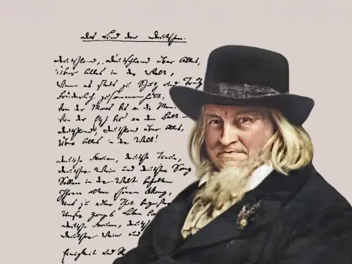 August Heinrich Hoffmann von Fallersleben, autor słów do hymnu Niemiec, na tle fragmentu swojego wiersza.