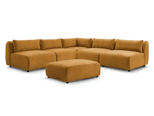 Pomarańczowa, modułowa sofa z pufą, idealna do relaksu, jak u Lecha Janerki, dupa jak sofa.