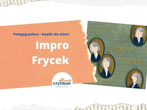 Książka "Impro Frycek" to krótki życiorys dla dzieci o Fryderyku Chopinie. Ilustracje przedstawiają portrety kompozytora.