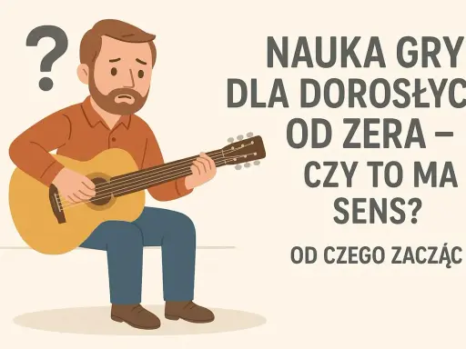 Zamyślony mężczyzna próbuje grać na instrumencie strunowym. Czy nauka gry na gitarze od zera ma sens?