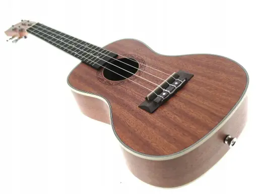 Brązowe ukulele z białym bindingiem, idealne do nauki gry na ukulele.