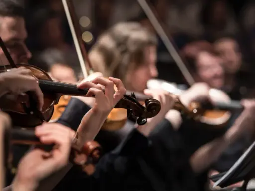 Orkiestra wykonuje muzykę renesansu w Polsce. Skupienie na dłoniach grających na skrzypcach.