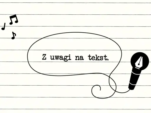 Muzyczne nuty i mikrofon z piórem, symbolizujące tło utworu. W dymku napis: "Z uwagi na tekst.