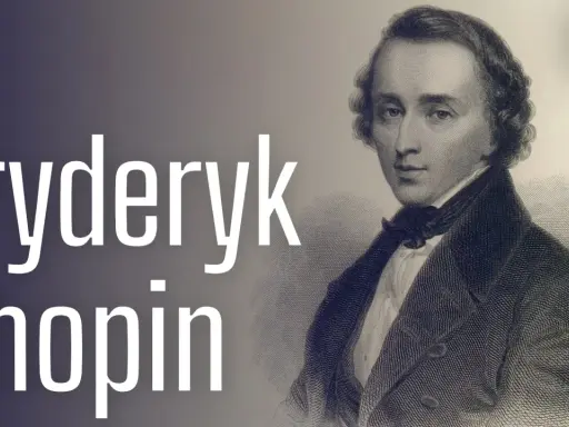 Portret Fryderyka Chopina, geniusza muzyki, z białym napisem "Fryderyk Chopin" na tle.