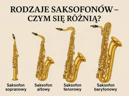 Cztery saksofony: sopranowy, altowy, tenorowy i barytonowy, różnią się wielkością i kształtem, pokazując, jak wygląda saksofon.