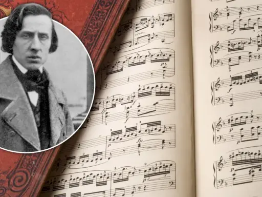 Portret Fryderyka Chopina obok nut. Kim był Fryderyk Chopin? Wielki kompozytor i pianista, którego muzyka wciąż porusza serca.