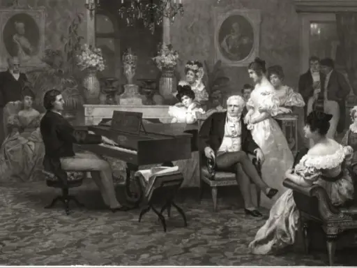 Chopin gra na fortepianie w salonie, otoczony gośćmi. Może to scena, która skłoniła go do myśli, dlaczego Chopin wyjechał z Polski.