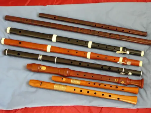 Różnorodne instrumenty renesansu, w tym flety proste o różnych rozmiarach i materiałach, ułożone na niebieskim tle.
