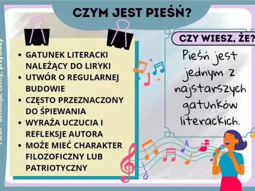 Cechy pieśni: gatunek liryczny, regularna budowa, często śpiewana, wyraża uczucia, może mieć charakter filozoficzny lub patriotyczny. Pieśń to jeden z najstarszych gatunków literackich.