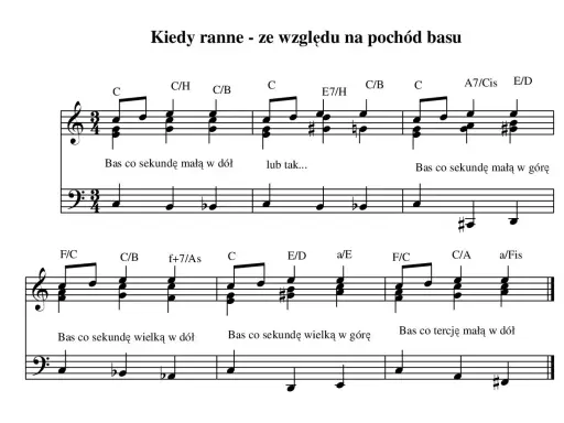 Fragment nutowy z tytułem "Kiedy ranne - ze względu na pochód basu". To przykład pieśni z opisem ruchu basu.