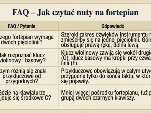 Tabela FAQ o czytaniu nut na fortepian. Wyjaśnia, dlaczego fortepian używa dwóch pięciolinii, jak rozpoznać klucze i czym różnią się znaki przykluczowe od przygodnych.