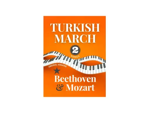 Okładka albumu "Turkish March" z motywem fortepianu. Zawiera utwory Beethovena i Mozarta.